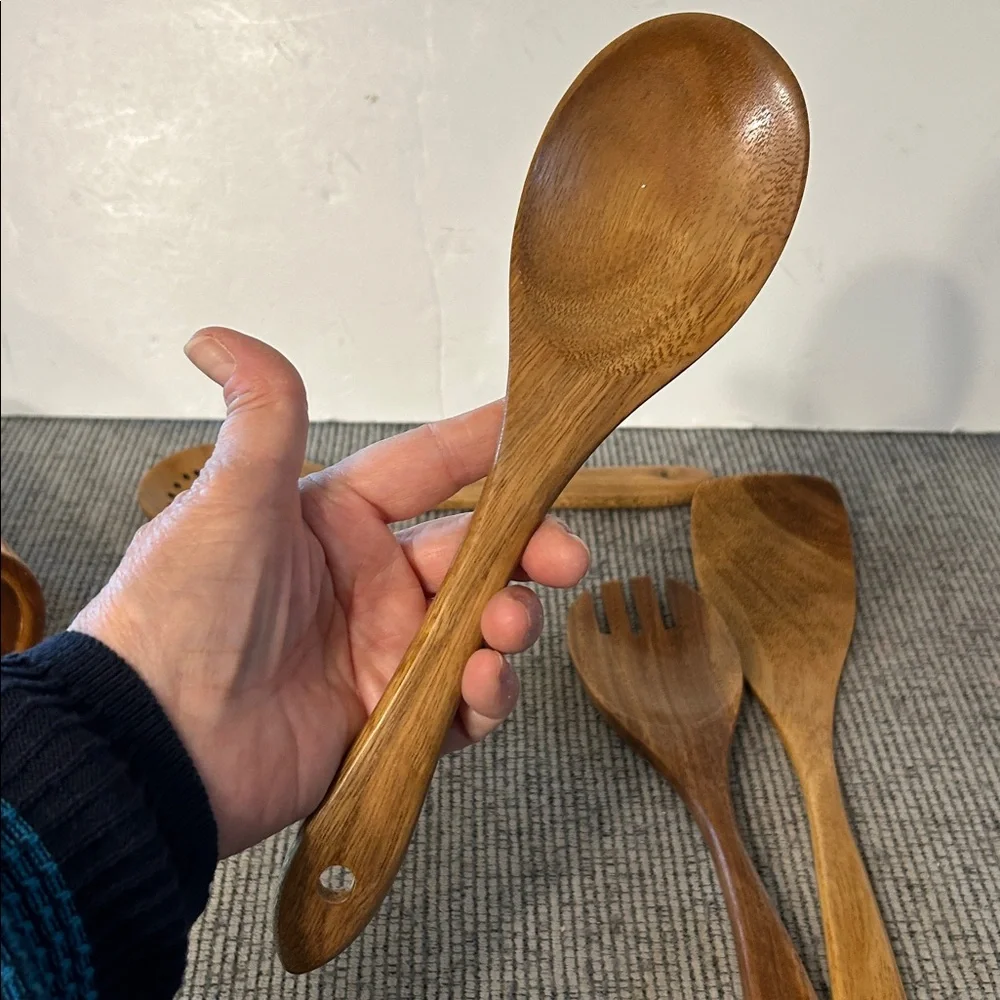 Wooden Utensil Set with Holder 6 pcs spoon spatula fork piece (salad server?) - Picture 9 of 13